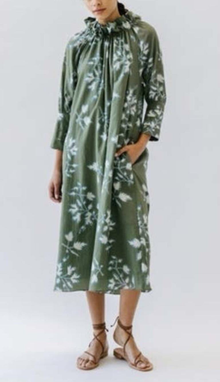 Mirth Vienna High Neck Dress Womens XS Midi In Green Fig Leaf Relaxed Pockets
